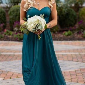 Strapless, sweetheart bridesmaid dress in peacock green